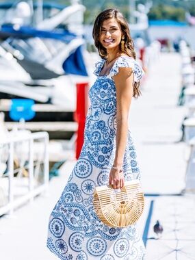 Chatham Blue and Off-White Embroidered Midi Dress